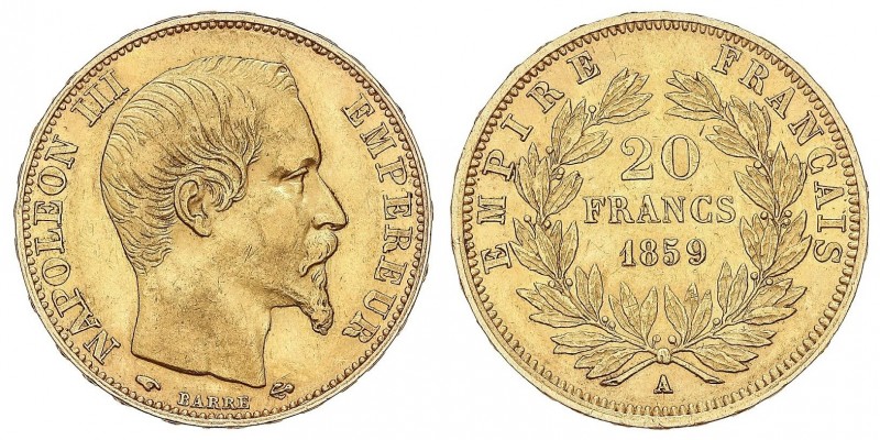 WORLD COINS: FRANCE
France
20 Francos. 1859-A. NAPOLEÓN III. PARÍS. 6,40 grs. ...