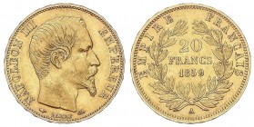 WORLD COINS: FRANCE
France
20 Francos. 1859-A. NAPOLEÓN III. PARÍS. 6,40 grs. AU. Fr-573; KM-781.1. MBC/MBC+.