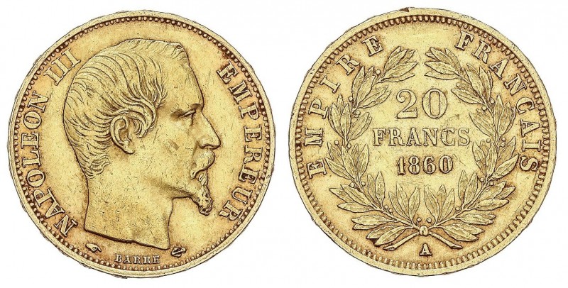 WORLD COINS: FRANCE
France
20 Francos. 1860-A. NAPOLEÓN III. PARÍS. 6,42 grs. ...