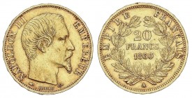 WORLD COINS: FRANCE
France
20 Francos. 1860-A. NAPOLEÓN III. PARÍS. 6,42 grs. AU. (Rayitas). Fr-573; KM-781.1. MBC.