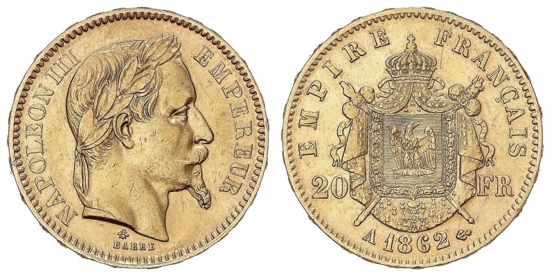 WORLD COINS: FRANCE
France
20 Francos. 1862-A. NAPOLEÓN III. PARÍS. 6,42 grs. ...