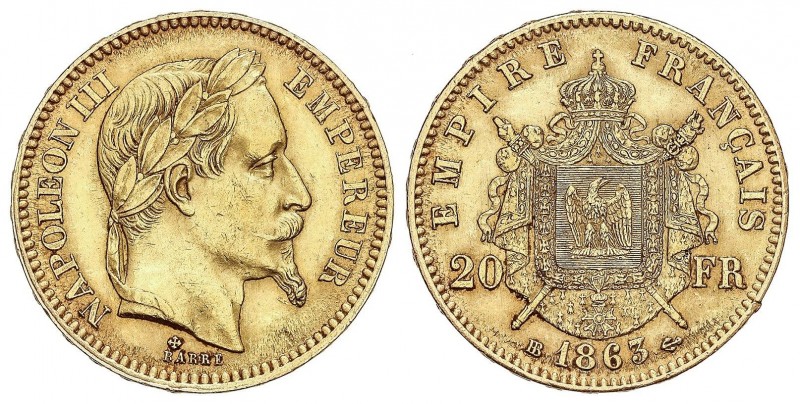 WORLD COINS: FRANCE
France
20 Francos. 1863-BB. NAPOLEÓN III. ESTRASBURGO. 6,4...