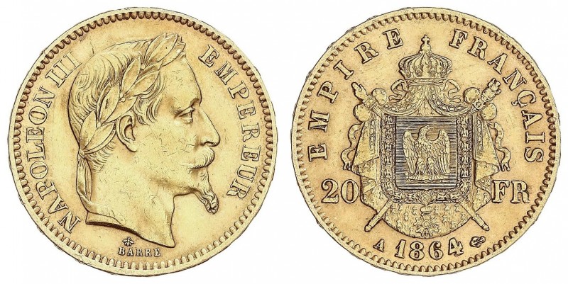 WORLD COINS: FRANCE
France
20 Francos. 1864-A. NAPOLEÓN III. PARÍS. 6,43 grs. ...