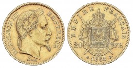WORLD COINS: FRANCE
France
20 Francos. 1865-A. NAPOLEÓN III. PARÍS. 6,42 grs. AU. (Rayitas). Fr-584; KM-801.1. MBC+.