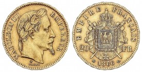 WORLD COINS: FRANCE
France
20 Francos. 1866-BB. NAPOLEÓN III. ESTRASBURGO. 6,41 grs. AU. Fr-585; KM-801.2. MBC+.