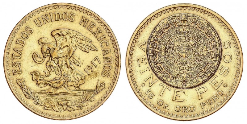 WORLD COINS: MEXICO
Mexico
20 Pesos. 1917. 16,59 grs. AU. Calendario Azteca. F...