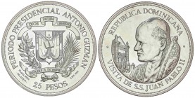 WORLD COINS: DOMINICAN REPUBLIC
Dominican Republic
25 Pesos. 65,30 grs. AR. Visita del Papa Juan Pablo II. KM-54. SC.