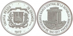 WORLD COINS: DOMINICAN REPUBLIC
Dominican Republic
30 Pesos. 1977. 77,80 grs. AR. 30 aniversario Banco Central. KM-46. PROOF.