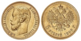 WORLD COINS: RUSSIA
Russia
5 Rublos. 1898-AG. NICOLÁS II. 4,29 grs. AU. (Leves rayitas). Ensayador: A¶. Fr-180; Y-62. EBC-.