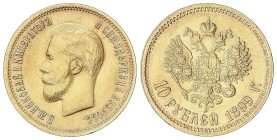 WORLD COINS: RUSSIA
Russia
10 Rublos. 1899-FZ. NICOLÁS II. SAN PETERSBURGO. 8,60 grs. AU. Ensayador: ¶. Fr-179; Y-64. EBC-/EBC.