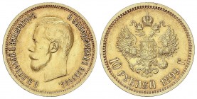 WORLD COINS: RUSSIA
Russia
10 Rublos. 1899-Zb. NICOLÁS II. SAN PETERSBURGO. 8,59 grs. AU. Ensayador: ¶. Fr-179; Y-64. EBC-/EBC.