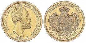 WORLD COINS: SWEDEN
Sweden
20 Coronas. 1889-Eb. ÓSCAR II. 8,94 grs. AU. (Levísimos golpecito en canto). Fr-93a; KM-748. EBC+.