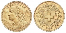 WORLD COINS: SWITZERLAND
Switzerland
20 Francos. 1898-B. BERNA. 6,45 grs. AU. Fr-499; KM-35.1. EBC.