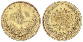 WORLD COINS: TURKEY
Turkey
100 Kurush. 1327 a.H. (1909 d.C.). MEHMED V. CONSTANTINOPLA. 7,22 grs. AU. (Leves golpecitos). KM-754. EBC-.