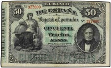SPANISH BANK NOTES: BANCO DE ESPAÑA
Spanish Banknotes
50 Pesetas. 1 Enero 1884. Mendizábal. (Reparaciones). ESCASO. Ed-283. (MBC+).