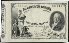 SPANISH BANK NOTES: BANCO DE ESPAÑA
Spanish Banknotes
50 Pesetas. 1 Octubre 1886. Goya. (Dos pliegues). RARO. Ed-293. (EBC-).