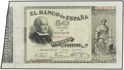 SPANISH BANK NOTES: BANCO DE ESPAÑA
Spanish Banknotes
50 Pesetas. 24 Julio 1893. Jovellanos. (Pequeñas roturas en margen. Manchitas en reverso). ESC...