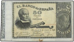 SPANISH BANK NOTES: BANCO DE ESPAÑA
Spanish Banknotes
50 Pesetas. 2 Enero 1898. Jovellanos. (Leves roturas. Manchita). ESCASO. Ed-304. MBC.