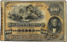 SPANISH BANK NOTES: BANCO DE ESPAÑA
Spanish Banknotes
100 Pesetas. 1 Enero 1884. Mendizábal. (Algo sucio. Leves roturas). ESCASO. Ed-284. MBC-.