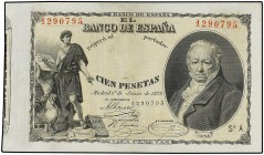 SPANISH BANK NOTES: BANCO DE ESPAÑA
Spanish Banknotes
100 Pesetas. 1 Junio 1889. Goya. (Pequeñas roturas). ESCASO. Ed-299. MBC+.