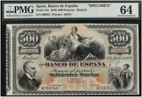 SPANISH BANK NOTES: BANCO DE ESPAÑA
Spanish Banknotes
500 Pesetas. 1 Julio 1876. Lope de Vega. Specimen 00000. Espectacular billete con busto de Lop...