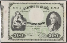 SPANISH BANK NOTES: BANCO DE ESPAÑA
Spanish Banknotes
500 Pesetas. 1 Julio 1884. Conde de Floridablanca. (Insignificantes roturas en margen superior...