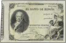 SPANISH BANK NOTES: BANCO DE ESPAÑA
Spanish Banknotes
500 Pesetas. 1 Octubre 1886. Goya. (Levísimas roturas y manchitas). MUY RARO. Ed-295. MBC.