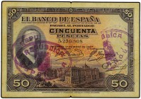 SPANISH BANK NOTES: BANCO DE ESPAÑA
Spanish Banknotes
50 Pesetas. 17 Mayo 1927. Alfonso XIII. Tampón violeta REPÚBLICA ESPAÑOLA. RARÍSIMA DOBLE ESTA...