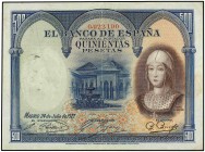 SPANISH BANK NOTES: ESTADO ESPAÑOL
Spanish Banknotes
500 Pesetas. 24 Julio 1927. Isabel la Católica. Sello en seco ESTADO ESPAÑOL-BURGOS. (Varios do...