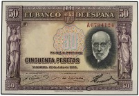 SPANISH BANK NOTES: CIVIL WAR, REPUBLICAN ZONE
Spanish Banknotes
50 Pesetas. 22 Julio 1935. Ramón y Cajal. Serie A. (Levísimas manchitas del tiempo)...