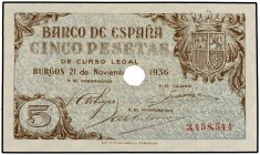 SPANISH BANK NOTES: ESTADO ESPAÑOL
Estado Español
5 Pesetas. 21 Noviembre 1936. Con taladro central. (Dos puntos de grapa). Ed-417T. SC-.