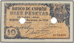 SPANISH BANK NOTES: ESTADO ESPAÑOL
Estado Español
10 Pesetas. 21 Noviembre 1936. Con dos taladros centrales. (Varios puntos de grapa). Ed-418T. SC-....