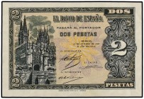 SPANISH BANK NOTES: ESTADO ESPAÑOL
Estado Español
2 Pesetas. 12 Octubre 1937. Catedral de Burgos. Serie B. (Leves arruguitas). Ed-426a. SC-.