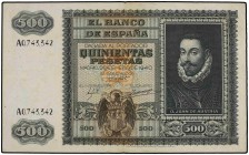 SPANISH BANK NOTES: ESTADO ESPAÑOL
Estado Español
500 Pesetas. 9 Enero 1940. Juan de Austria. (Algo desgastado). Ed-439. (MBC+).