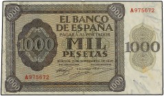 SPANISH BANK NOTES: ESTADO ESPAÑOL
Estado Español
1.000 Pesetas. 21 Noviembre 1936. Alcázar de Toledo. Serie A. (Roturas y reparaciones). Ed-423. MB...
