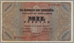 SPANISH BANK NOTES: ESTADO ESPAÑOL
Estado Español
1.000 Pesetas. 20 Mayo 1938. Púlpito de San Agustín. (Cuatro pliegues). Ed-434. EBC-.