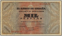 SPANISH BANK NOTES: ESTADO ESPAÑOL
Estado Español
1.000 Pesetas. 20 Mayo 1938. Púlpito de San Agustín. Serie A. (Leves roturas). Ed-434. MBC.