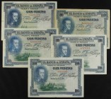 SPANISH BANK NOTES: BANCO DE ESPAÑA
Lote 5 billetes 100 Pesetas. 1 Julio 1925. Felipe II. Sin Serie (2) y Series A (2) y C. Sello en seco ESTADO ESPA...