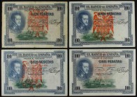 SPANISH BANK NOTES: BANCO DE ESPAÑA
Lote 4 billetes 100 Pesetas. 1 Julio 1925. Felipe II. Sin Serie y Series A (2) y C. Tampón en rojo en anverso: Ág...