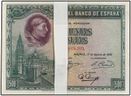 SPANISH BANK NOTES: CIVIL WAR, REPUBLICAN ZONE
Lote 100 billetes 500 Pesetas. 15 Agosto 1928. Cisneros. Todos correaltivos. A EXAMINAR. Ed-356. EBC a...