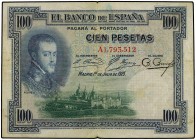 SPANISH BANK NOTES: ESTADO ESPAÑOL
Lote 15 billetes 100 Pesetas. 1 Julio 1925 y 25 Abril 1931. 5x Felipe II. Serie A, B (2) y C (2). Los 5 con resell...