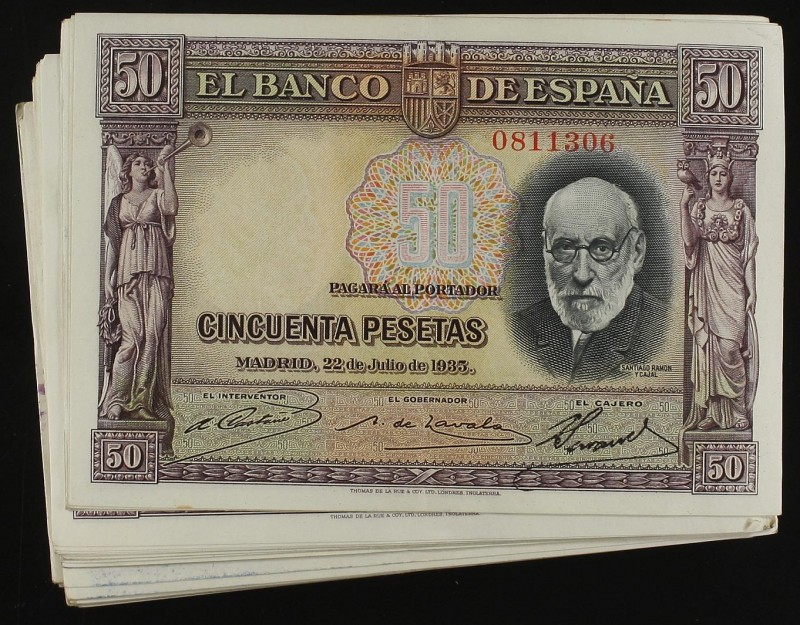 SPANISH BANK NOTES: CIVIL WAR, REPUBLICAN ZONE
Lote 100 billetes 50 Pesetas. 22...