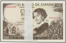 SPANISH BANK NOTES: ESTADO ESPAÑOL
Lote 100 billetes 100 Pesetas. 19 Noviembre 1965. Bécquer. Series D (50) e Y (50). Todos correlativos. (Alguna dob...