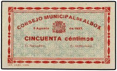 PAPER MONEY OF THE CIVIL WAR: ANDALUCÍA
Andalucia
50 Céntimos. Agosto 1937. C.M. de ALBOX (Almería). Mont-63F; RGH-239. EBC.