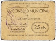 PAPER MONEY OF THE CIVIL WAR: ANDALUCÍA
Andalucia
25 Céntimos. C.M. de DARRO (Granada). RARO. Mont-588A No reseña este valor; RGH-2192. MBC.