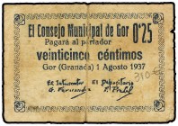 PAPER MONEY OF THE CIVIL WAR: ANDALUCÍA
Andalucia
25 Céntimos. Agosto 1937. C.M. de GOR (Granada). Roturas. RARO. Mont-721 No reseña este valor; RGH...