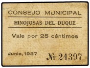 PAPER MONEY OF THE CIVIL WAR: ANDALUCÍA
Andalucia
25 Céntimos. Junio 1937. C.M. de HINOJOSA DEL DUQUE (Córdoba). (Algo sucio). Mont-761A; RGH-2862. ...