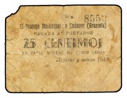 PAPER MONEY OF THE CIVIL WAR: ANDALUCÍA
Andalucia
25 Céntimos. Marzo 1937. C.M. de HUÉSCAR (Granada). (Roturas). MUY ESCASO. Mont-774 No reseña este...