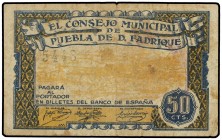 PAPER MONEY OF THE CIVIL WAR: ANDALUCÍA
Andalucia
50 Céntimos. 1937. C.M. de LA PUEBLA DE DON FADRIQUE (Granada). Mont-1187B; RGH-4327. MBC.