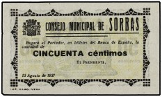 PAPER MONEY OF THE CIVIL WAR: ANDALUCÍA
Andalucia
50 Céntimos. Agosto 1937. C.M. de SORBAS (Almería). Mont-1384; RGH-4916. EBC-.